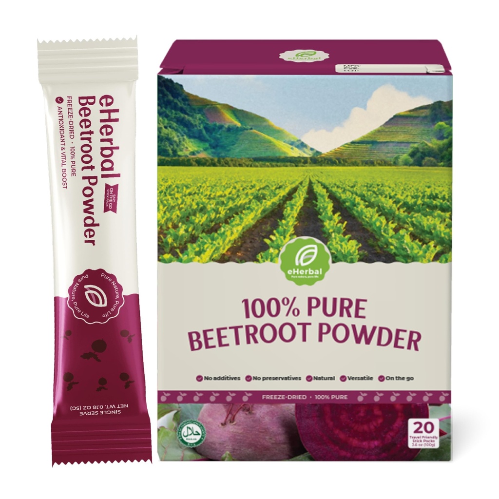 eHerbal 100% Plant Based Pure Freeze Dried Beet Root Powder Packets, Beet Juice for High Blood Pressure, Nitric Oxide Booster, Boost Clean Energy Drink Mix, Non-GMO, 20 Convenient stickbags
