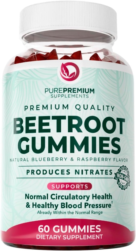 PurePremium Beet Root Gummies - 60 Sugar Free Chews - Nitric Oxide Beetroot Gummies | Natural Blueberry Flavor - Supplements for Normal Blood Pressure – 1 Month Supply