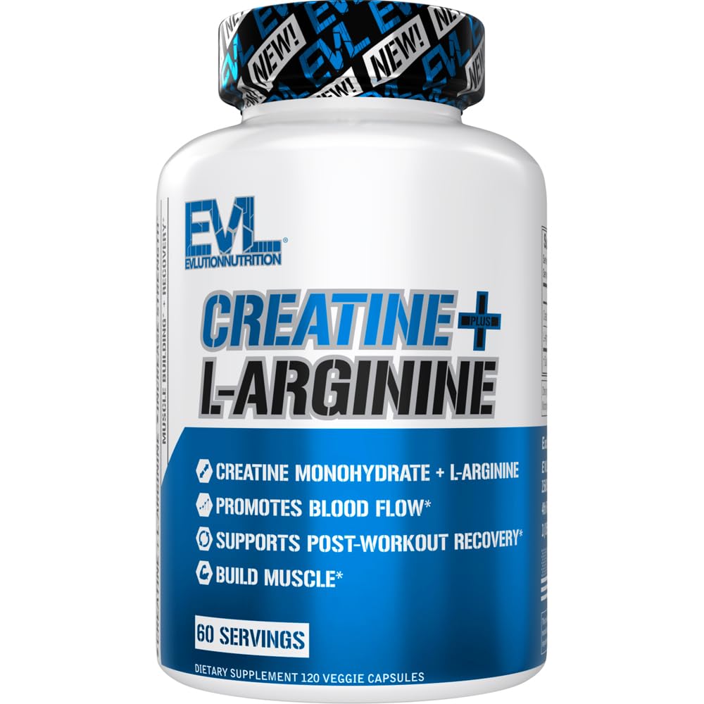 Evlution Nutrition Creatine + L-Arginine - Supports Blood Flow, Post-Workout Recovery & Lean Muscle Growth - 500mg Creatine Monohydrate & 500mg L-Arginine Per Serving -60 Servings -120 Veggie Capsules