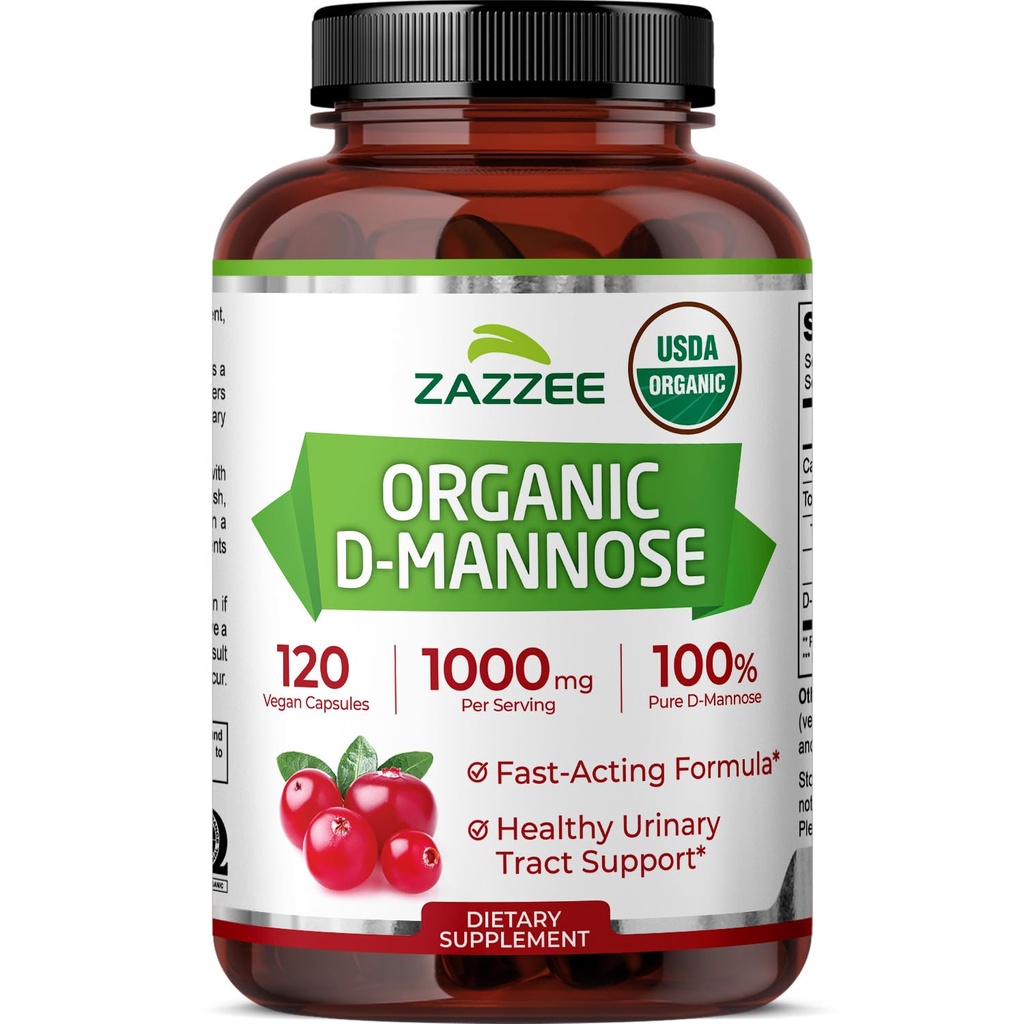 Zazzee USDA Organic D-Mannose, 1000 mg Per Serving, 120 Vegan Capsules, 2 Month Supply, Non-GMO, Urinary Tract & Bladder Support, Potent & Fast-Acting, Lab Tested for Quality & Purity, Made in USA