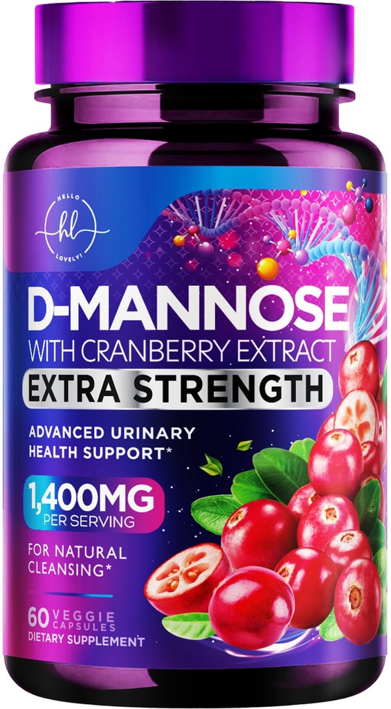 Organic D Mannose 1300mg per Serving Supplements - Extra Strength D-Mannose Capsules with Cranberry - for Natural Gentle Cleansing & Urinary Tract Health Support - Bottled in USA - 60 Capsules