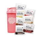 TransformHQ Meal Replacement Shake Variety Box With Pink Shaker, 7 Single-Serving Shake Packs