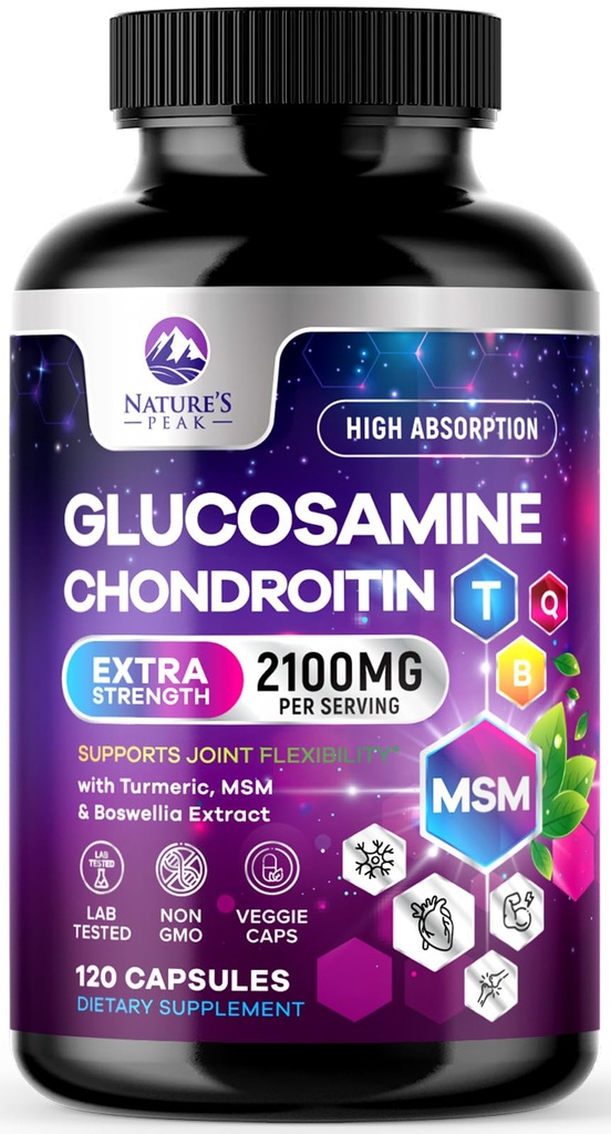 Glucosamine Chondroitin, MSM & Turmeric - Extra Strength Joint Support Supplement with 1500mg Glucosamine Sulfate per Serving - for Cartilage, Joint Health & Flexibility - Bottled USA - 120 Capsules