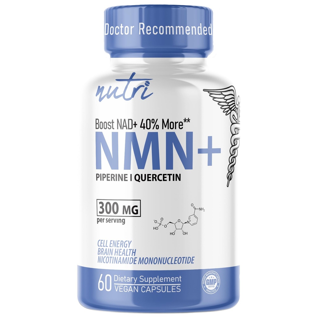Nutri NMN Supplement 300mg NAD Supplement - Ultra High Absorption Stabilized NMN Nicotinamide Mononucleotide, 40% More NAD+ with Quercetin Phytosome & Black Pepper - mnm Supplement (60 Capsules)