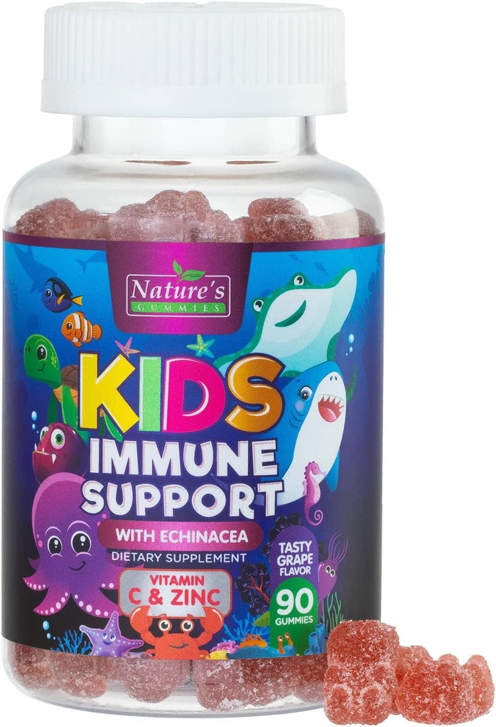 Suplement do wsparcia immunologicznego dla dzieci Gummie - Codzienne Witaminy dla dzieci C, Cynk & Echinacea - Gummy dla dzieci Wsparcie odporności, Wieki 4 i Up, Natural Berry Flavor, Non-GMO, Gluten- Free & Vegan - 90 Gummies
