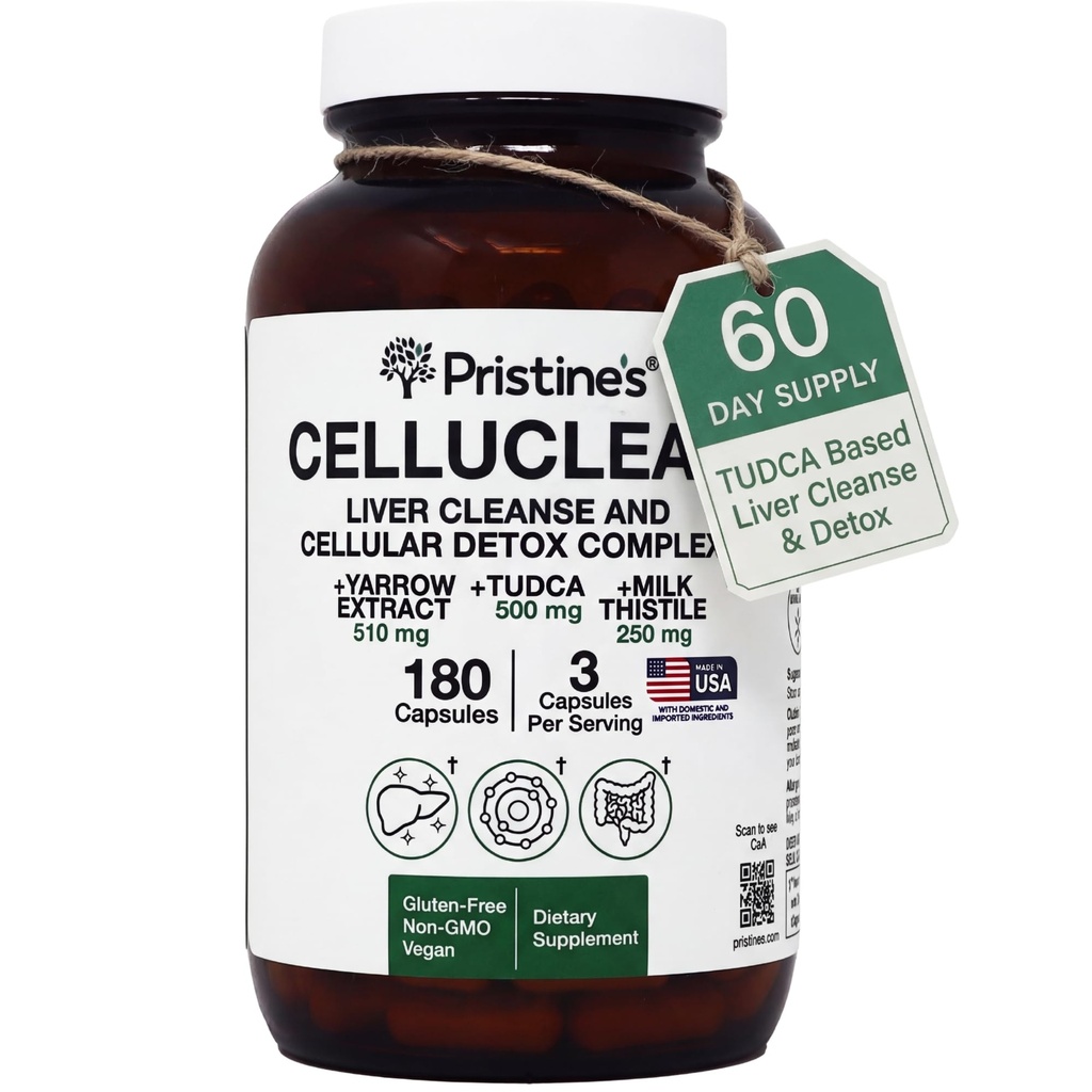 PRISTINE'S CelluClean Liver Cleanse and Detox Supplement – TUDCA, Yarrow Extract & Milk Thistle – 3rd Party Tested, Non-GMO Bile Salts Remover – Vegan, GMP Facility, Made in USA Glass Bottle