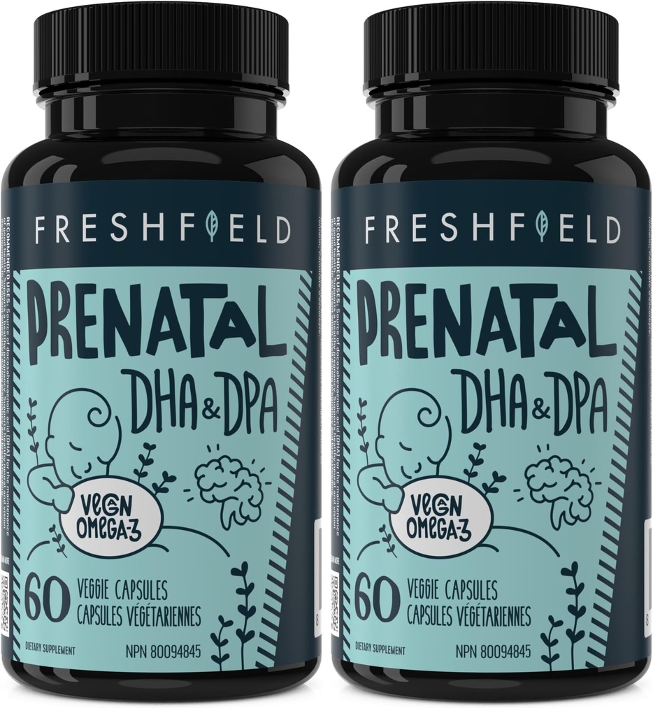 Freshfield Prenatal Vegan Omega 3 DHA: Sustainable, Carrageenan Free, Third Party Tested, Compostable Bottle, Carbon Neutral. Supports Heart, Brain, Joint Health w/DPA (Pack of 2)