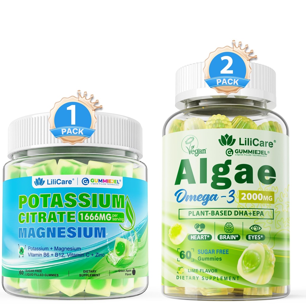Omega 3 Gummies 2200mg, Potassium Citrate Gummies 1666mg for Adults, 3 Pack