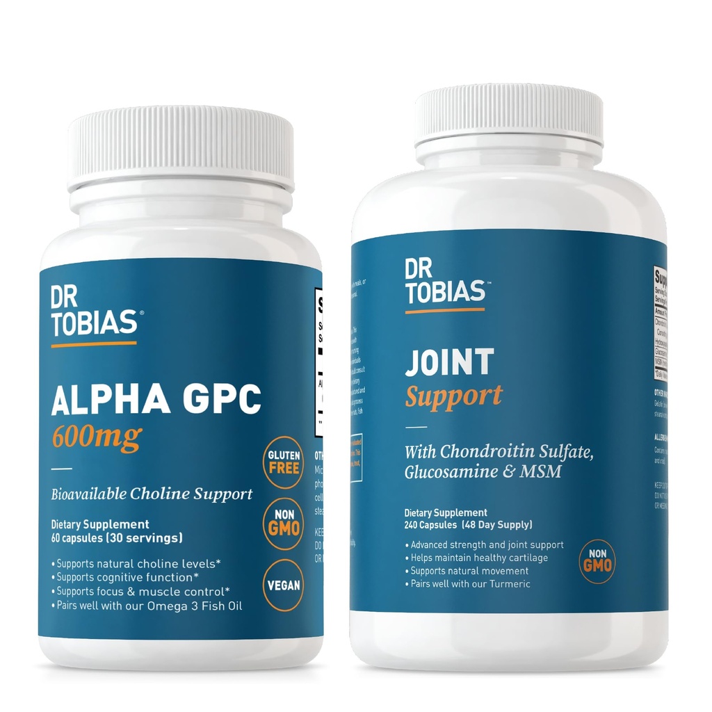 Dr. Tobias Alpha GPC & Joint Support Supplement - Support Cognitive Function & Joint Health with Bioavailable Choline Supplement & Premium Glucosamine, Chondroitin, and MSM, Non-GMO