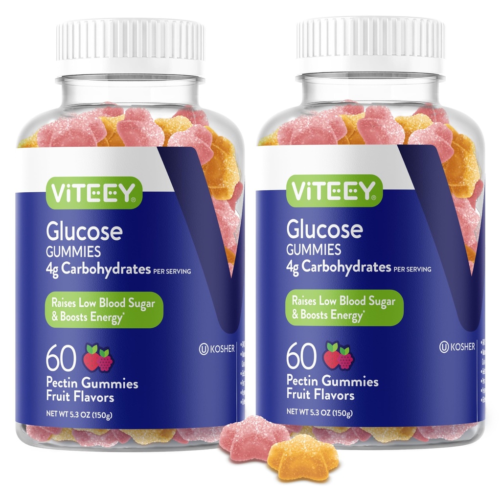 Viteey Glucose Gummies - 4g of Carbohydrates - Fast Acting Alternative to Glucose Tablets - Energy and Blood Sugar Support - Vegan, Gluten Free, Gelatin Free - 120 Count