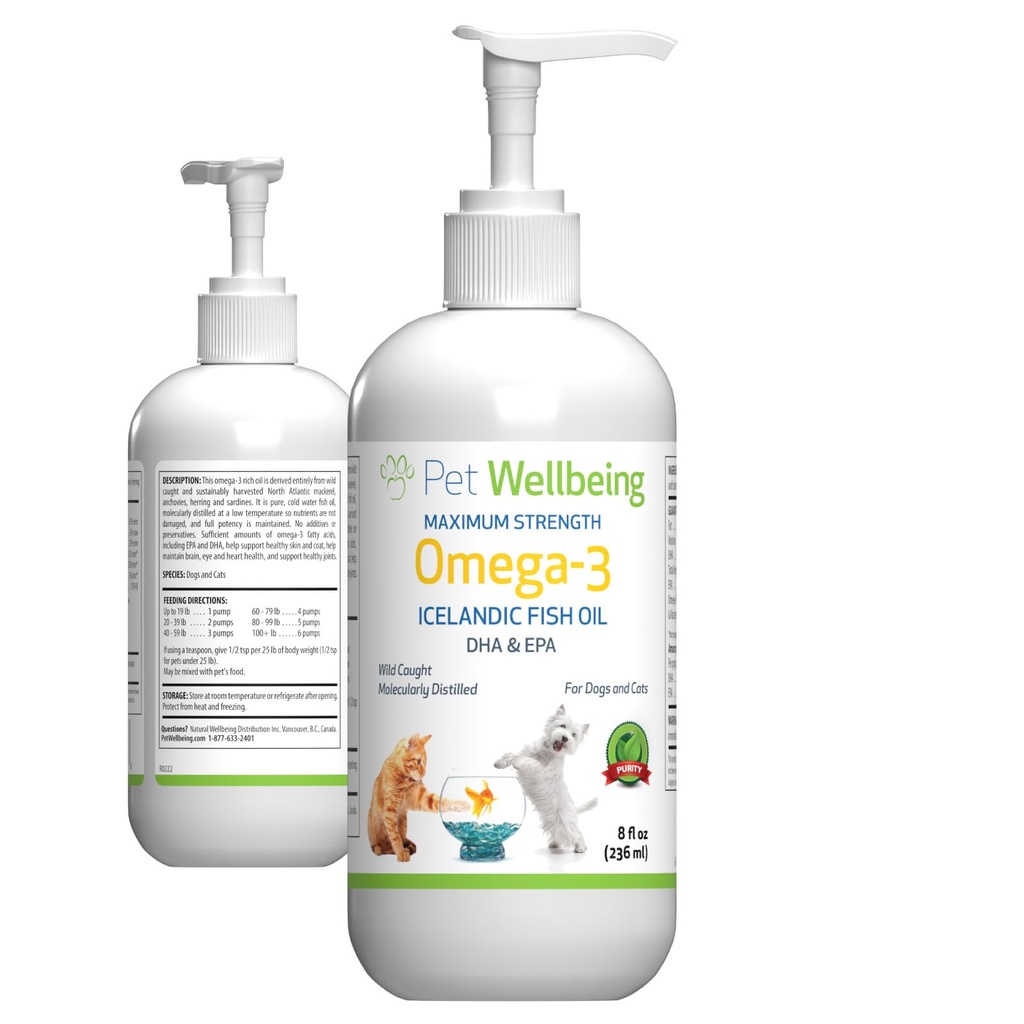 Pet Wellbeing Omega-3 Icelandic Fish Oil for Dogs - Wild-Caught, Cold-Water Fish, Healthy Skin and Coat, Joint Health and Mobility, Fatty Acids, Anchovies, Sardines - EPA, DHA - 8 fl oz (236 ml)