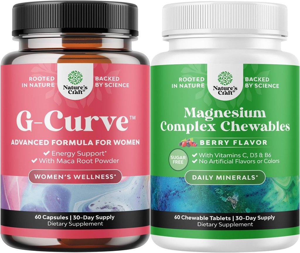 Bundle of G-Curve Butt & Breast Enhangement with Saw Palmetto extract Horny Goat buruieni pentru femei și Sugar Free Magneziu Glycinate Chewable with Taurate & Citrate Complex Plus Vitamine D3 B6 & C
