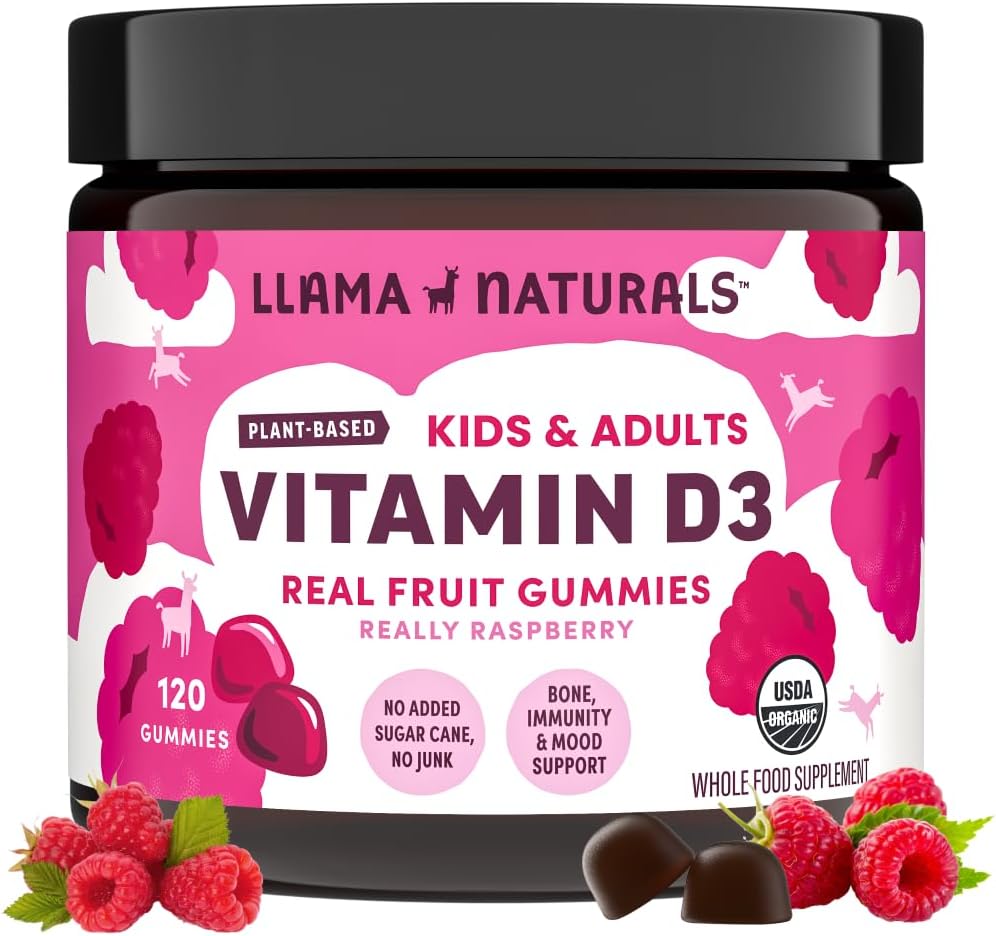 Lama Naturals Witamina D3, Wegan, Organic Immune Supplement Supplement, Gummies witaminy D dla dorosłych i dzieci, Prawdziwe owoce Gummy Witaminy, Promotes Bone Health, No Added Sugar Cane, Malina, 120 Ct