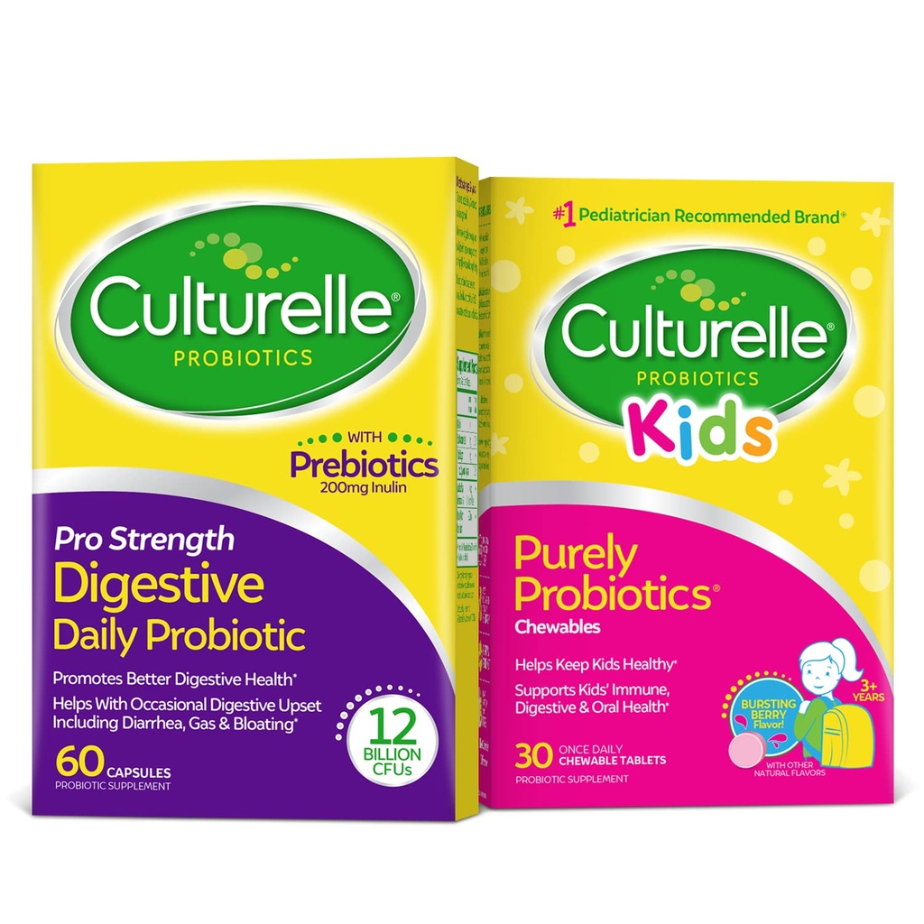 Culturelle Daily Probiotic Bundle – Pro Strength Daily Probiotic Capsules for Men and Women and Daily Probiotic Chewables for Kids, Digestive + Immune Support, Gluten Free