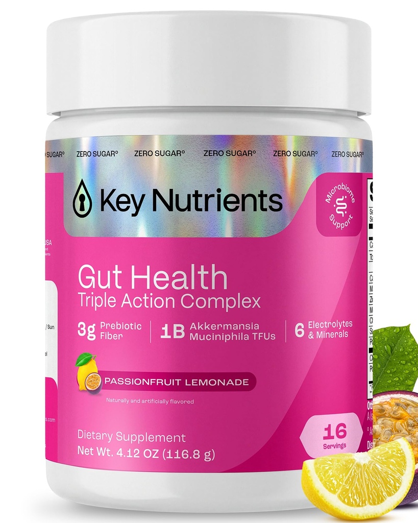 KEY NUTRIENTS Gut Health Electrolyte Powder, 3-in-1 Hydration Drink Mix with 3g Prebiotic Fiber & Akkermansia Probiotic Support, Sugar Free Passionfruit Lemonade, 16 Servings