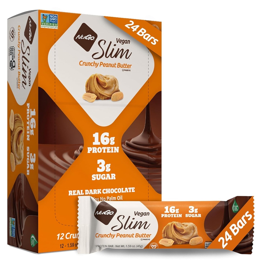 Nugo Slim Dark Chocolate Crunchy Peanut Butter, 16g Vegan Protein, 3g Zucker, 7g Fiber, Low Net Carb, Keto Friendly, Glutenfrei, 24 Count
