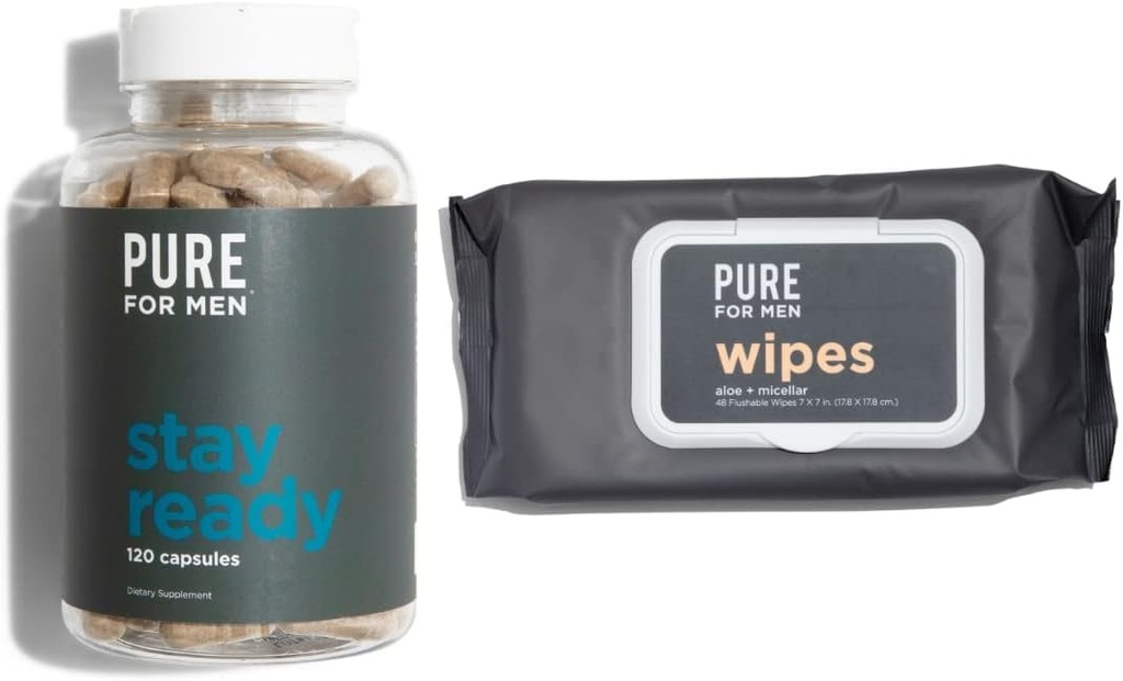 Pure for Men Original Vegan Cleaty Fiber Supplement, 120 Kapsle, Eco-Responsible Stay Ready Wipes with Micellar and Aloe (48 Count)