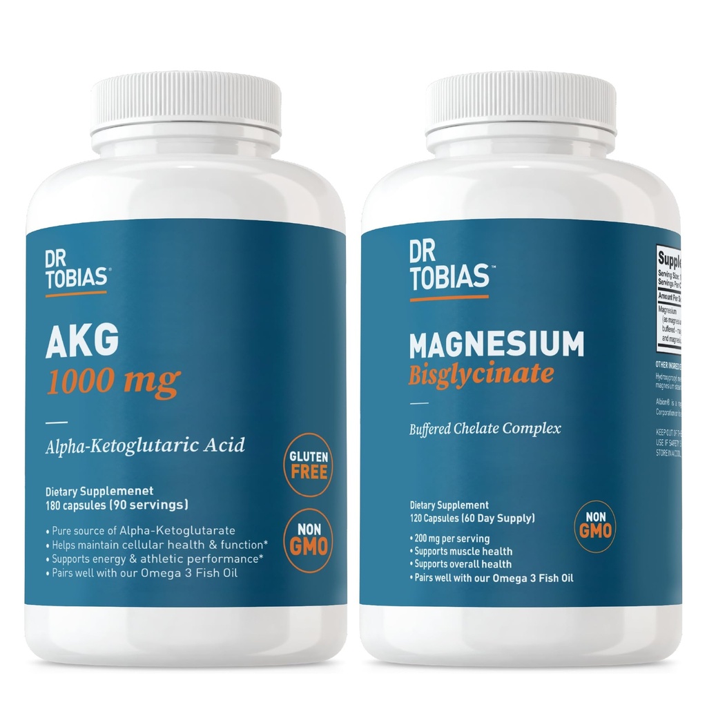 Dr. Tobias AKG Supplement & Magnesium Bisglycinate - Support Energy Levels, Muscle, Nerve & Bone Health with High-Absorption Magnesium and Bioavailable AKG, Vegan, Non-GMO