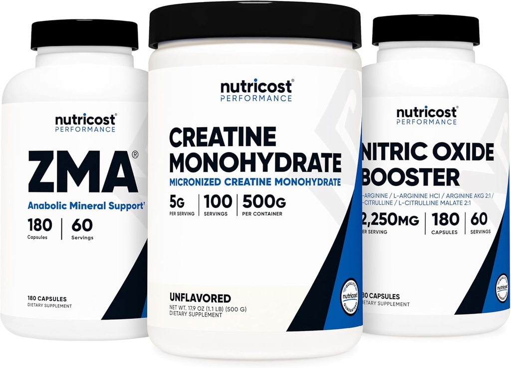 Nutricost Creatine 500 Grams, Nitric Oxide 180 Capsules, dan ZMA 180 Capsules Bundle