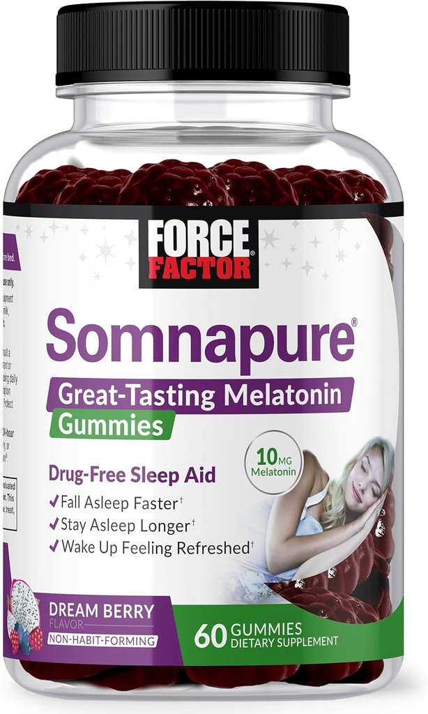 FORCE FACE Somnapure Gummies dengan Melonalin 10 mg untuk Dewasa, Non-Habit-Membentuk, Natural Sleep untuk Deep Sleep, Stay Asleep Longer, Wake Up Refreshed, Dream Berry Flavor, 60 Count (Paket 1)
