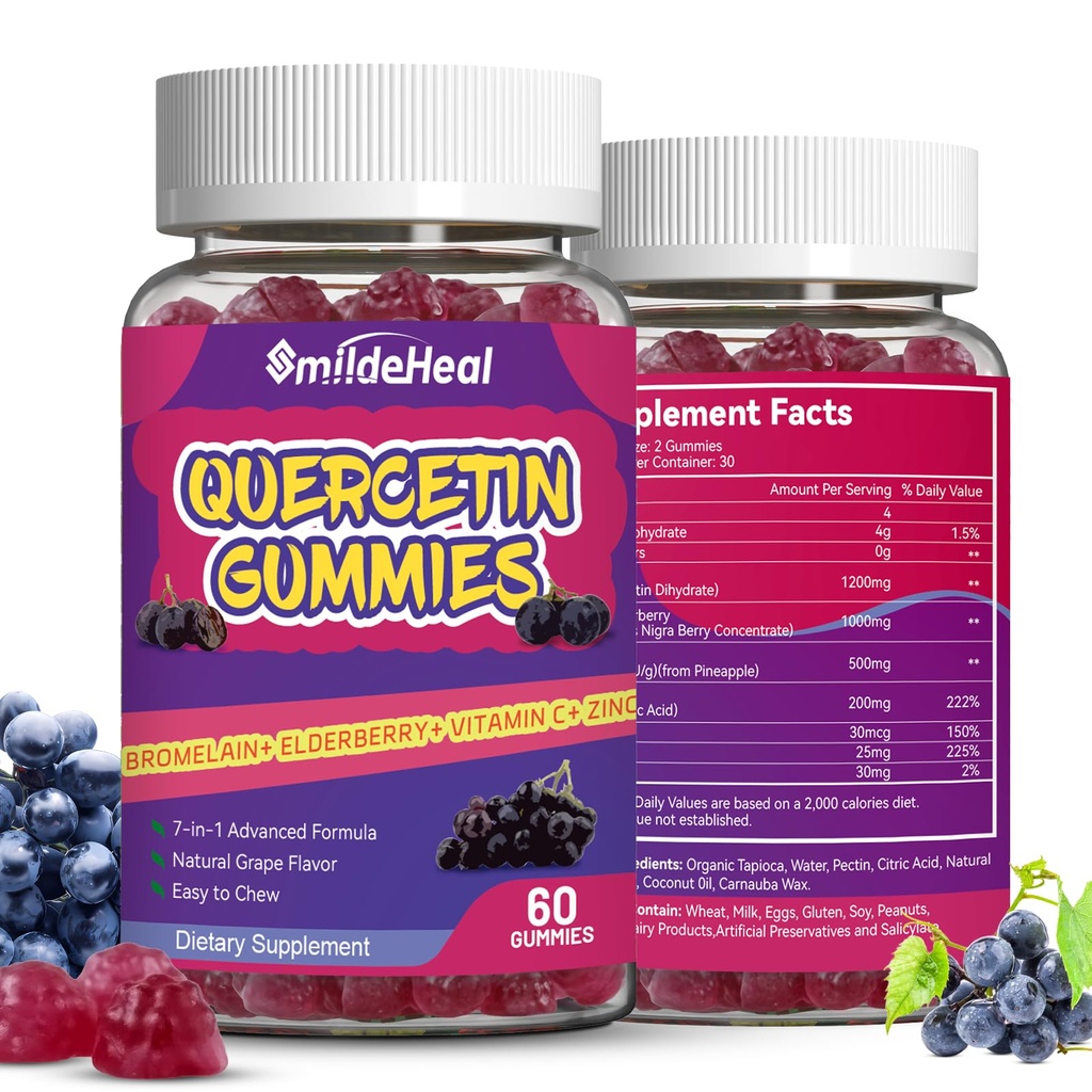 2 Pack Quercetin Gummies 1200MG, Quercetin Gummies with Bromelain, Zinc Vitamin C, Immune System Vegan Gummy for Adult & Kid, 120 Vegan