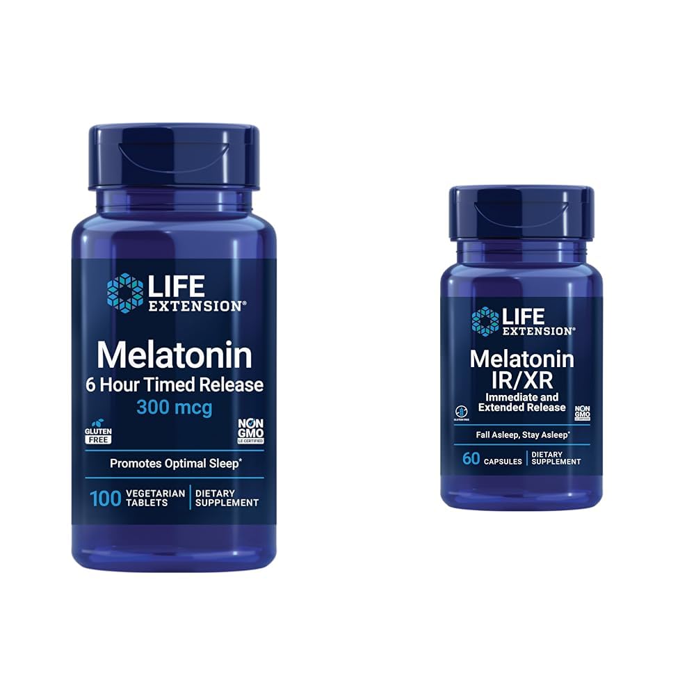 Life Extension Melatonin 300mcg 6 Hour Time Release & Melatonin IR/XR 1.5mg 7 Hours Sleep Support
