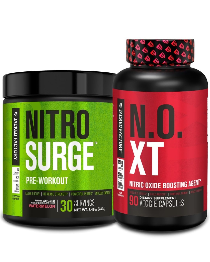 Jacked Factory Nitrosurge Pre-Workout in Watermelon & N.O. XT Nitric Oxide Booster for Men & Women