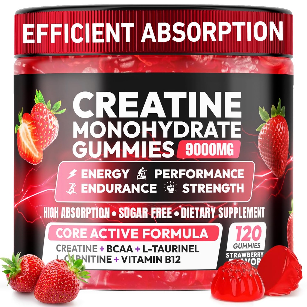 Creatine Gummies Monohydrate Complex, Chewable Creatine Monohydrate Gummies for Men & Women with L-Taurine, BCAA 2:1, B12/6, Building Muscle Strength and Boost Focus, 30 Days Supply