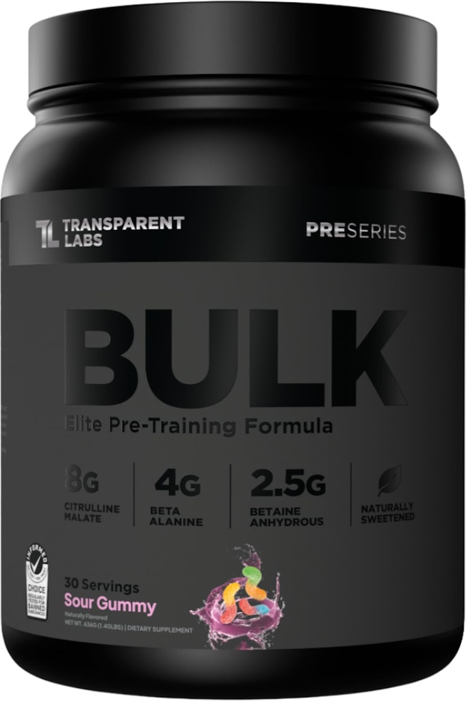Transparent Labs Bulk Black Pre Workout - Clinically Dosed, Sugar Free Preworkout for Men and Women with Beta Alanine Powder, Citrulline Malate, & Caffeine - 30 Servings, Sour Gummy