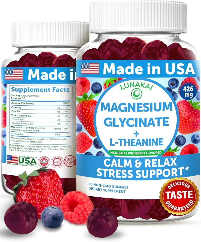 Lunakai USA Made Magnesium Glycinate Gummies 426mg com L-Theanina – Calma, sono, alívio de estresse para adultos e crianças, Não-GMO, Vegan, 60ct