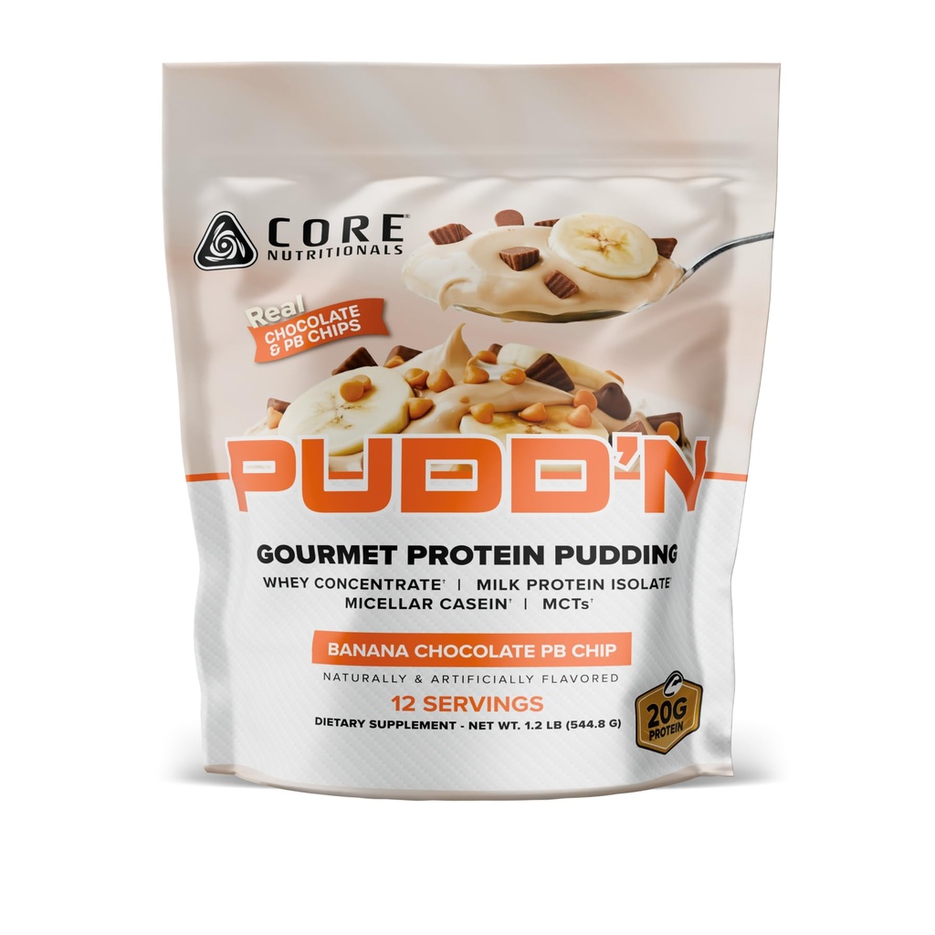 Core Nutritionals Pudd'n Gourmet Protein Pudding Mix | Whey & Casein Blend | MCTs & Digestive Enzymes | 20g Protein | Real Food Inclusions | 12 Servings (Banana Chocolate PB Chip)