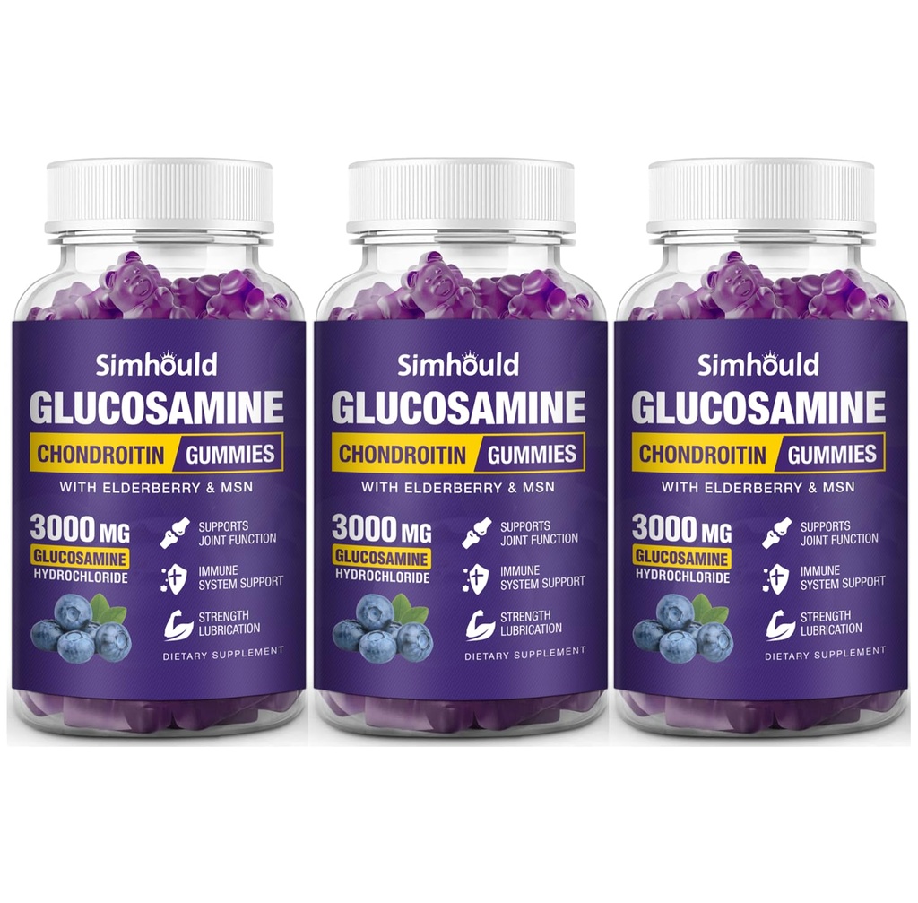 Simhould 3 Packs Glucosamine Chondroitin Gummies - 3000MG Extra Strength Joint Support Supplement with MSM & Elderberry, Flexibility, Antioxidant Immune Support Gummy for Adults, Men & Women