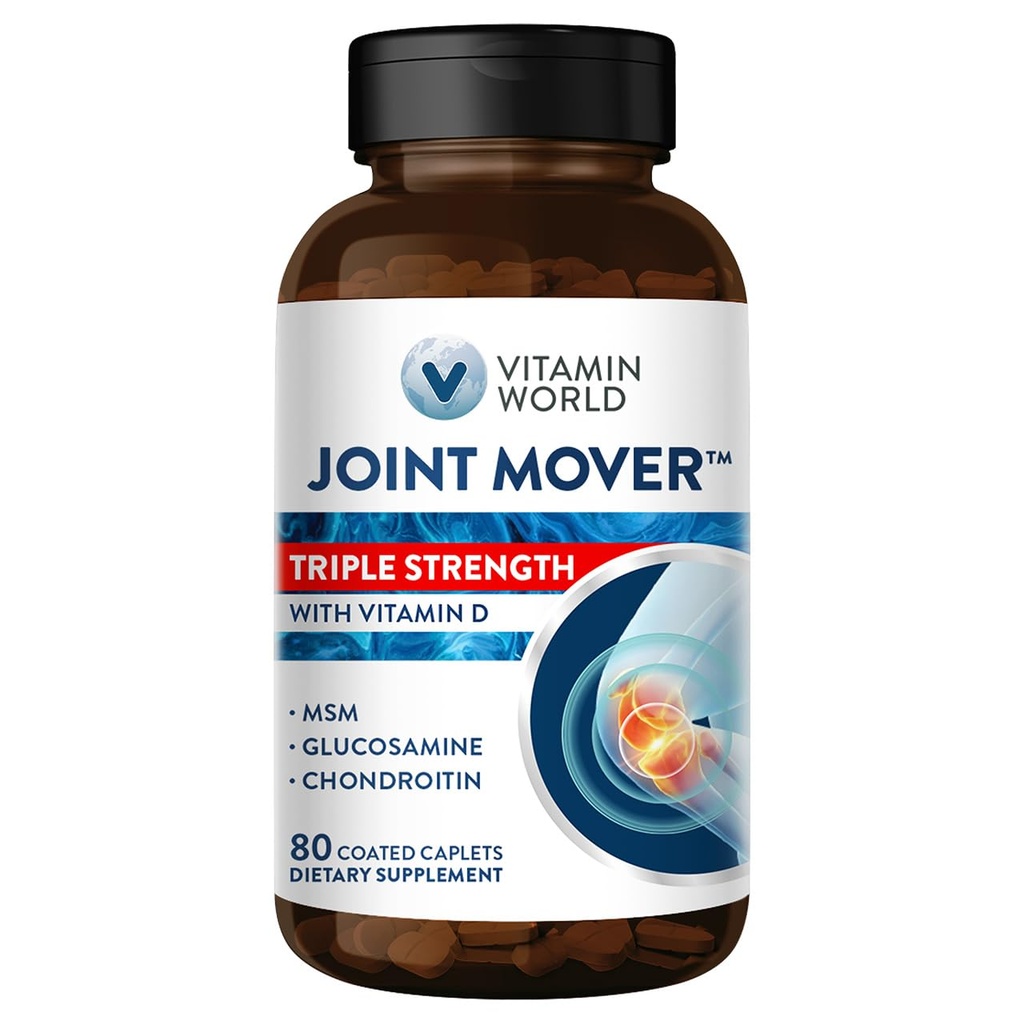 Vitamin World Triple Strength Joint Mover with Vitamin D Glucosamine Chondroitin MSM 80 Caplets, Promotes Healthy Joints, Promotes Comfort and Flexibility, Coated, Gluten Free