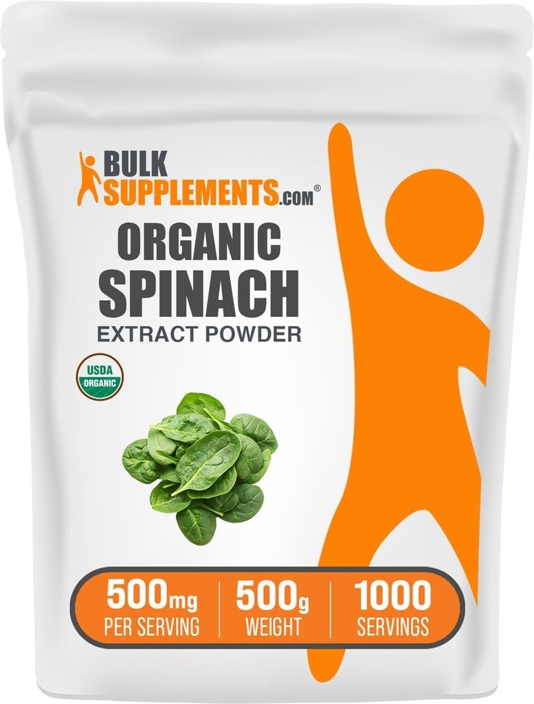 BulkSupplements.com Organic Spinach Extract Powder - Organic Spinach Powder from Leaf Extract, Herbal Supplement - Gluten Free, 500mg per Serving, 500g (1.1 lbs) (opakowanie po 1)