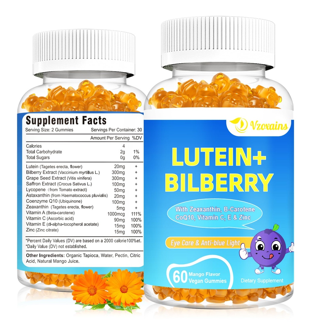 20mg Lutein & Zeaxanthin Gummies with Bilberry, Astaxanthin, Omega 3, Vitamin C, E - Sugar Free Eye Health Supplement for Adults & Kids - Dry Eye Relief, Vision Clarity, Macular Support