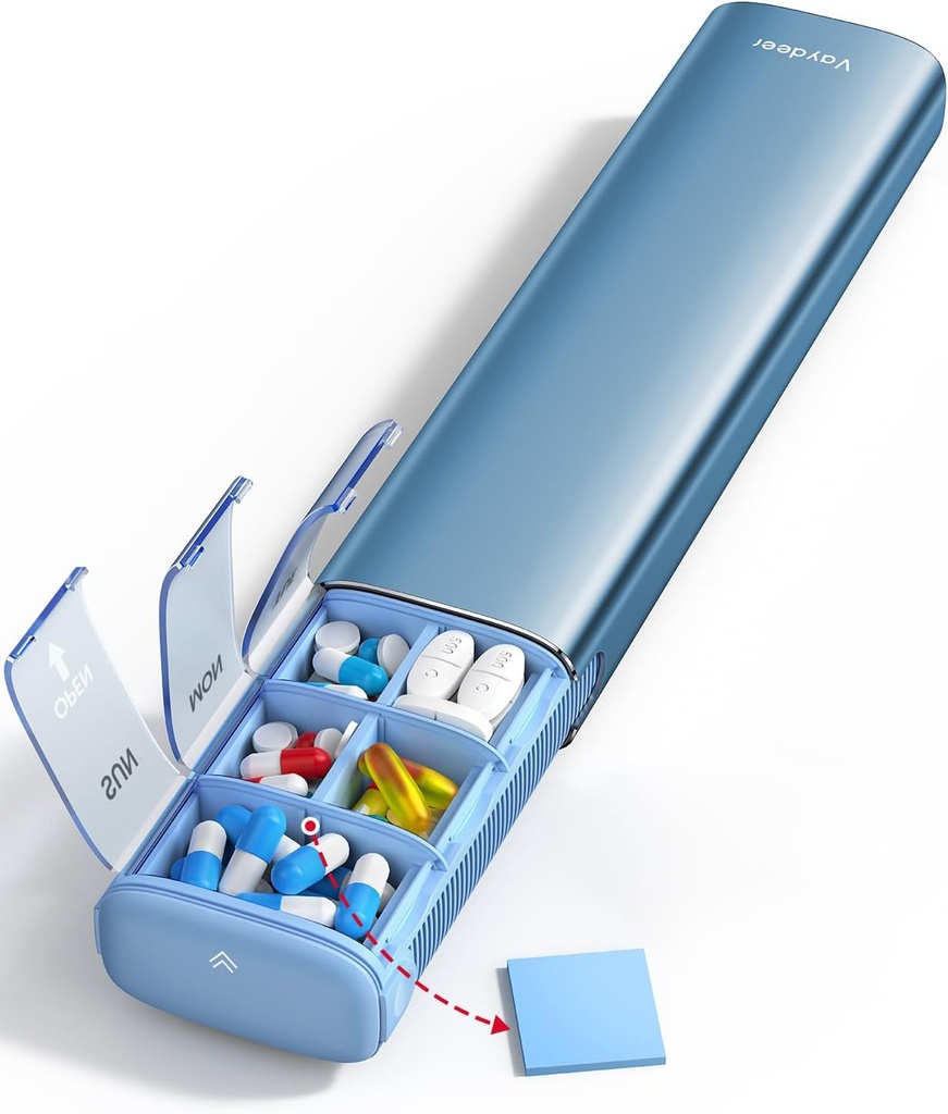 Vaydeer 7 Day Weekly Pill Organizer (Support 2 Times a Day), Metal Travel Pill Case, Large Capacity Daily Cute Pill Box för tillägg, piller, vitaminer och medicinering (Blå)