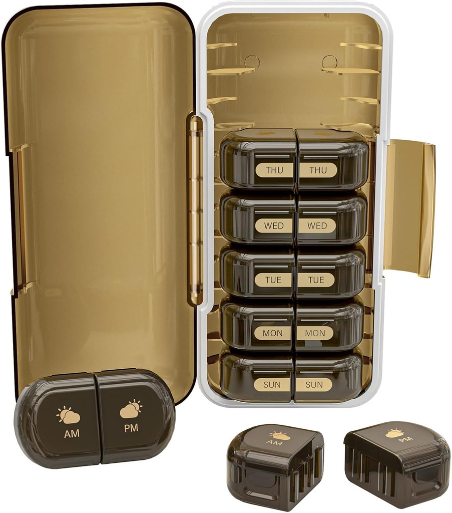 Organisateur hebdomadaire de pilules 2 fois par jour, Humidité-Proof, Compartiments amovibles, AM PM Pill Box 2X 7 Jour, Organisateur de pilules pour les pilules/huile de poisson/médication/vitamine/Supplements (Brown)