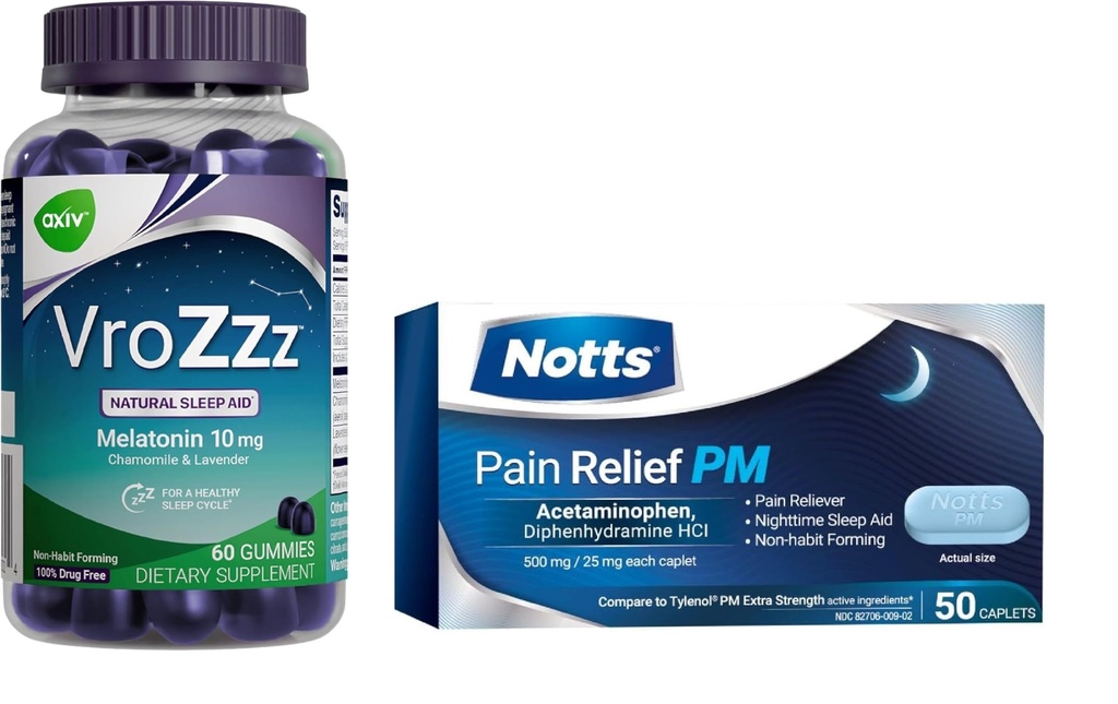 Acetaminophen Caplets 50 Count and AXIV VroZzz Melatonin Gummies 10 mg, 60 Count