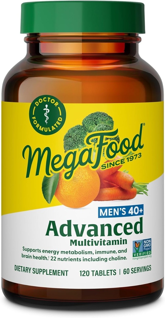 MegaFood Mäns 40+ Avancerad Multivitamin för Män - Dr-Formulerad - Choline, Vitamin B, Vitamin C, Vitamin D, Zink & Real Food - Brain Health, Immune Support - Vegetarian - 120 Tabs (60 portioner)