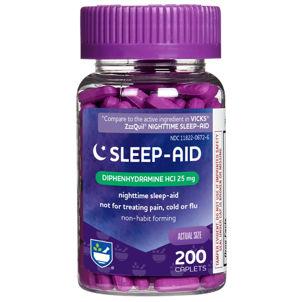 Rite Aid Natural Sleep Aid Caplets, Diphenhydramine HCl, 25mg - 200 Count | Sleeping Pills for Adults Extra Strength