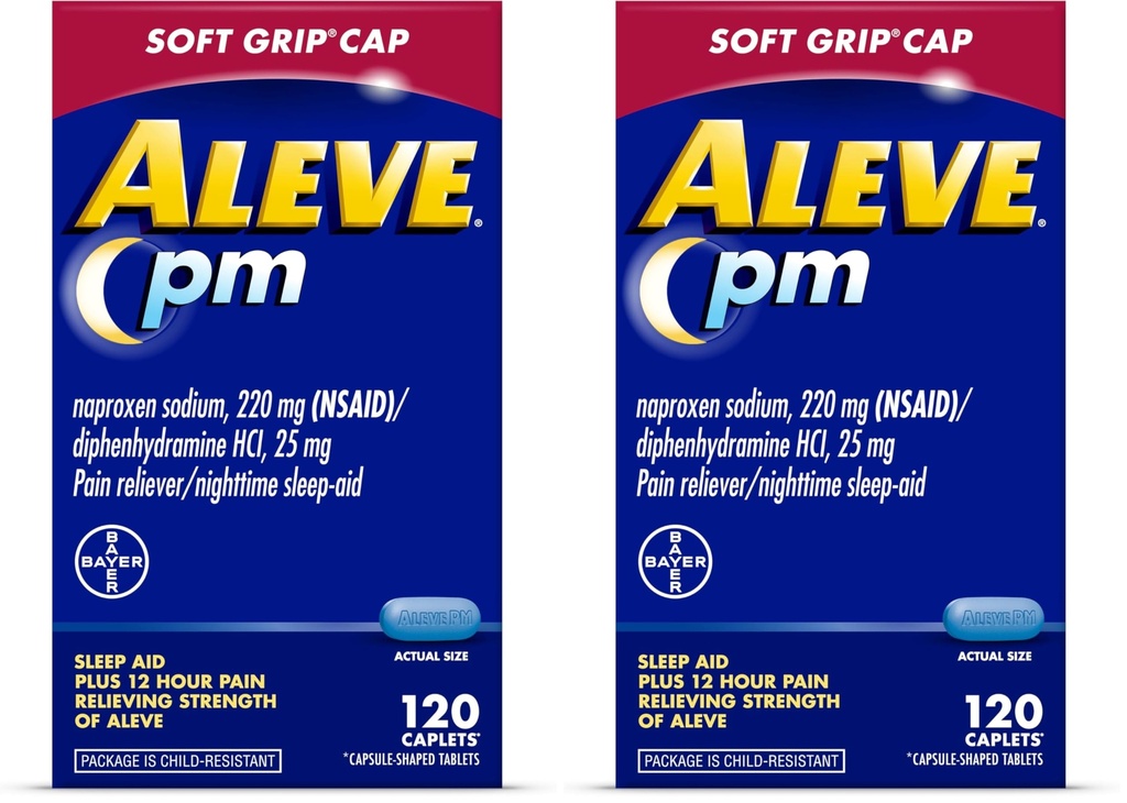 Aleve PM Sleep Aid Plus Pain Reliever Caplets,Naproxen Sodium & Diphenhydramine HCl,Nighttime,120 Count (Pack of 2)