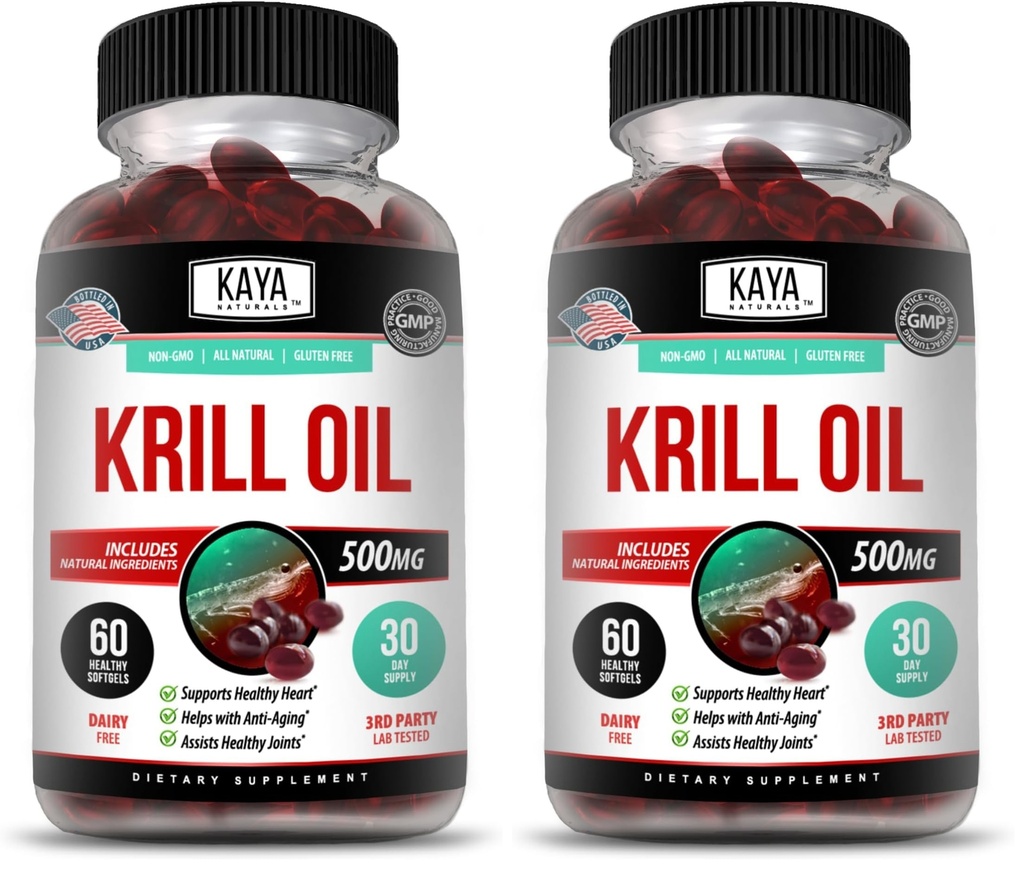 Kaya Naturals - Antarctic Krill Oil 500mg with Omega 3, EPA, DHA, Phospholipids & Astaxanthin Supplement - Brain & Health Vitamin - Anti Aging Supplement - 60 Count Softgels (Pack of 2)