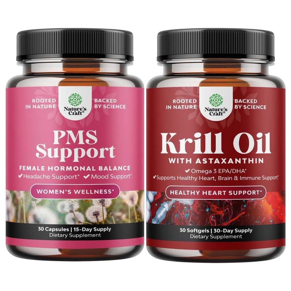 Bundle of PMS Support Supplement for Women – Hormone Balance for Period Cramps Ease, Menopause Bloating, Mood Swing and Krill Omega 3 Fish Oil Softgels 500mg - Concentrated Krill EPA & DHA Supplement