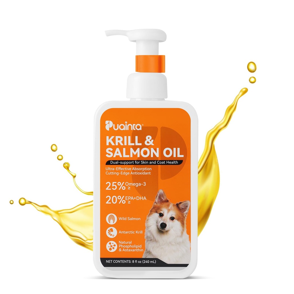PUAINTA Krill & Salmon Fish Oil for Dogs– Omega-3 (EPA DHA) Liquid Fish Oil, Wild Icelandic Salmon Oil for Skin & Coat, Itch Support (8 Fl Oz (Pack of 1))