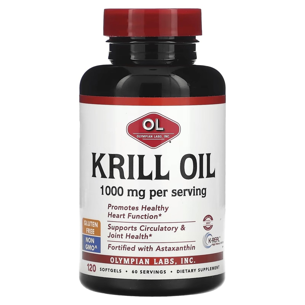 Olympian Labs Krill Oil Softgels, 120 Count, Antarctic KrillOil Plus Fish Oil, and Added Astaxanthin – 1000mg per Serving.