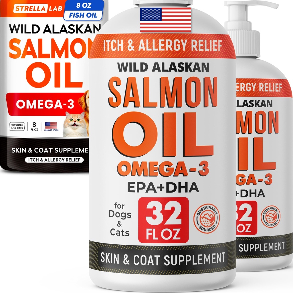 STRELLALAB Salmon Oil Bundle for Dogs – Wild Alaskan Omega 3 for Skin, Coat & Itch Relief + Shedding, Hip, Joint, Immune & Heart Support – EPA & DHA Fatty Acids – 72 Fl Oz Liquid – Made in USA