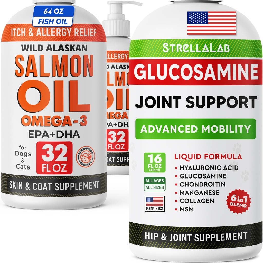 STRELLALAB Salmon Oil 64 Oz + 16 Oz Glucosamine Bundle – Omega 3, EPA & DHA for Skin, Coat, Itch Relief + Hip & Joint Mobility Support with MSM&Collagen – 80 Fl Oz – Made in USA
