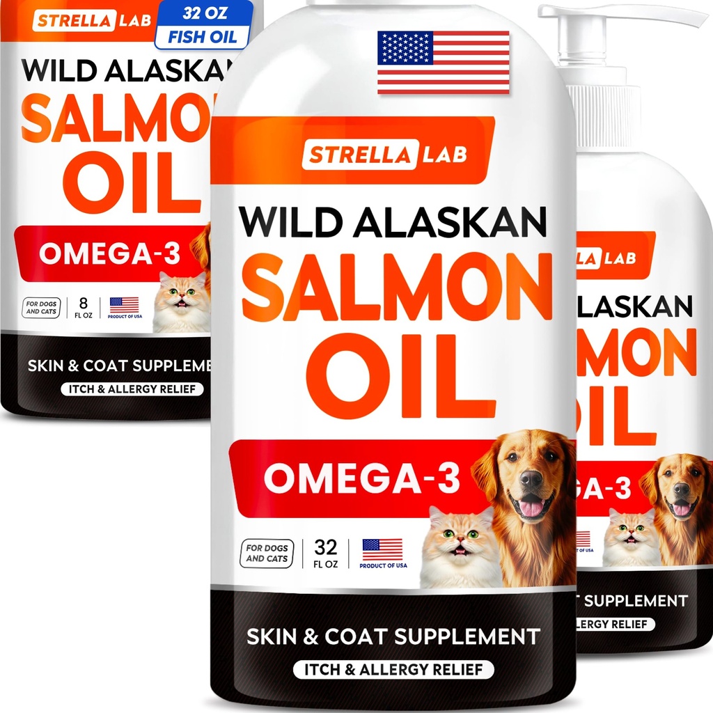 STRELLALAB Wild Alaskan Salmon Oil Bundle – Natural Omega 3 for Skin, Coat & Itch Relief + Hip, Joint & Immune Support – EPA+DHA Fatty Acids – 96 Fl Oz Liquid Total – Made in USA