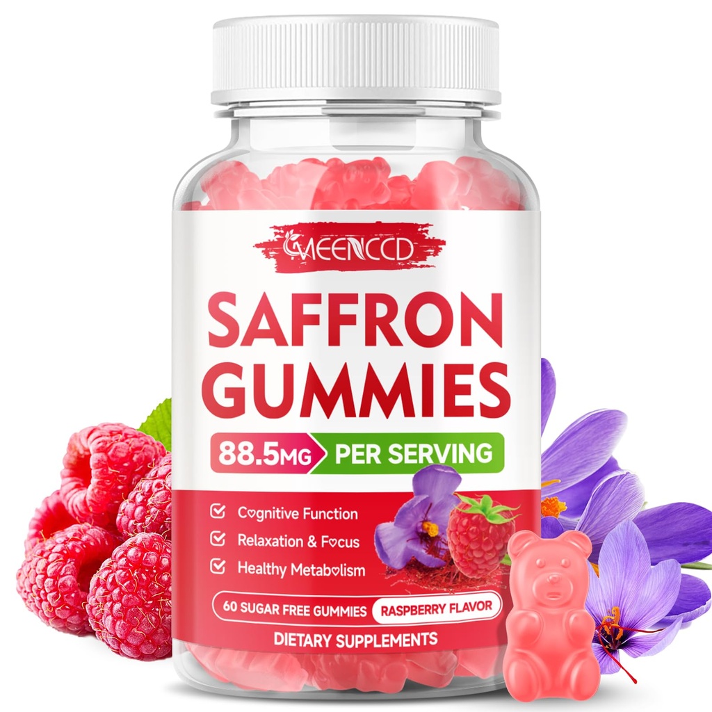 MEENCCD Saffron Gummies for Kids & Adults - Saffron Supplements with Magnesium, L-Theanine, Rhodiola, Sugar-Free, Raspberry Flavor, 60 Count