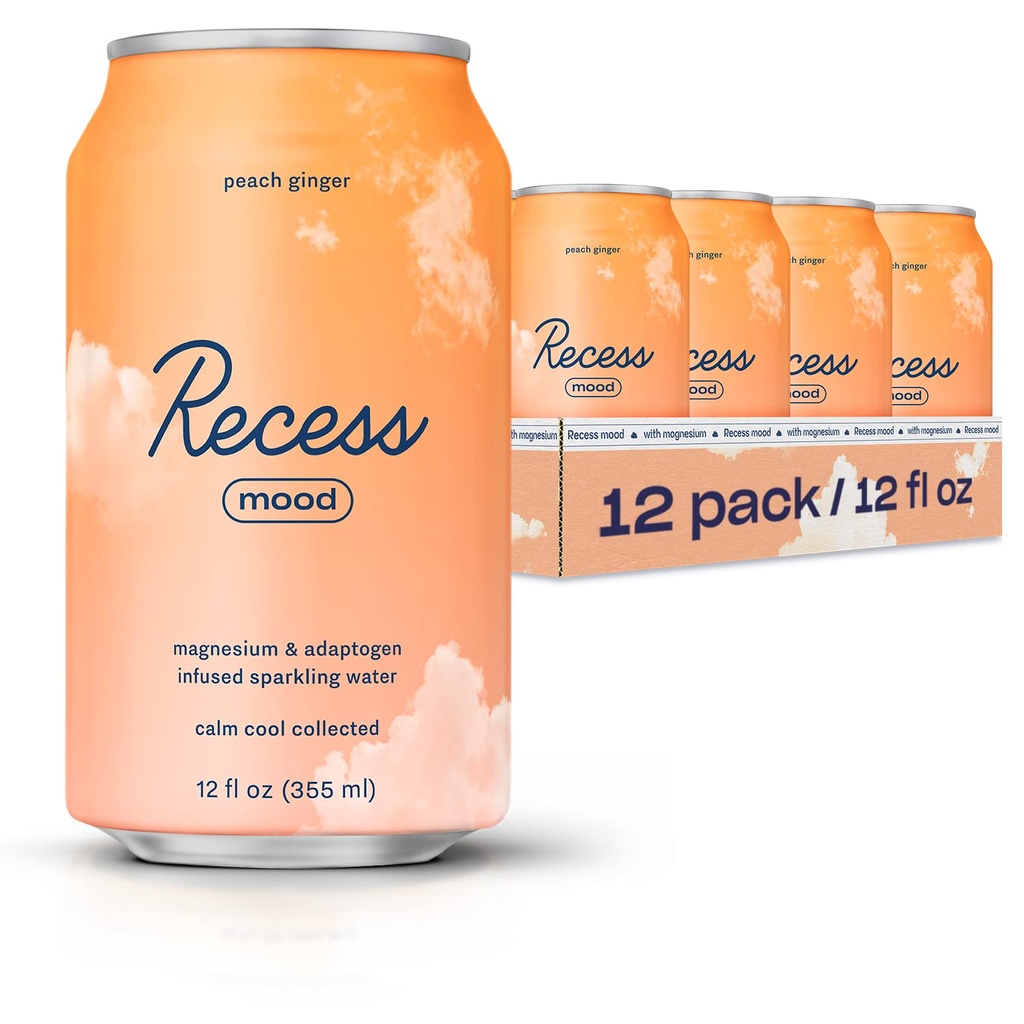 Recess Mood Magnézium & Adaptogen Drink, Relaxačný nápoj, 12 unca (Peach Ginger, 12 ks)